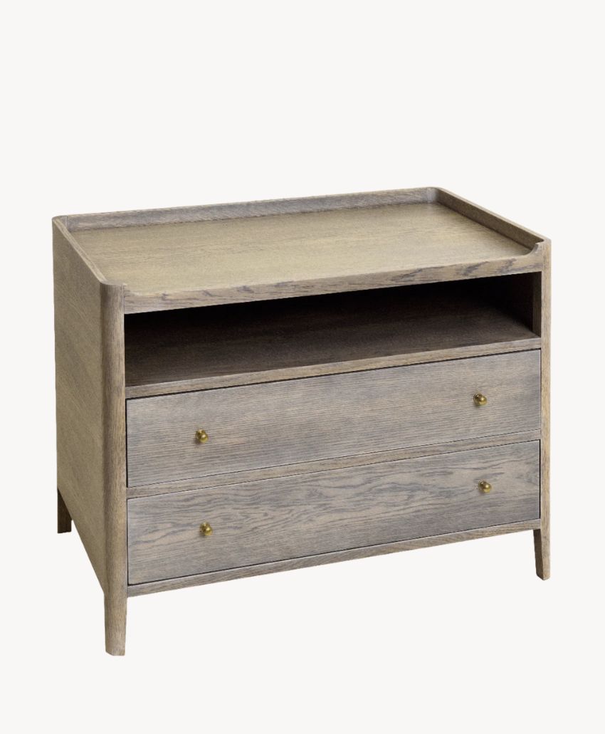 A light wood nightstand with an open shelf above two drawers, featuring simple square handles and a raised edge around the top surface.