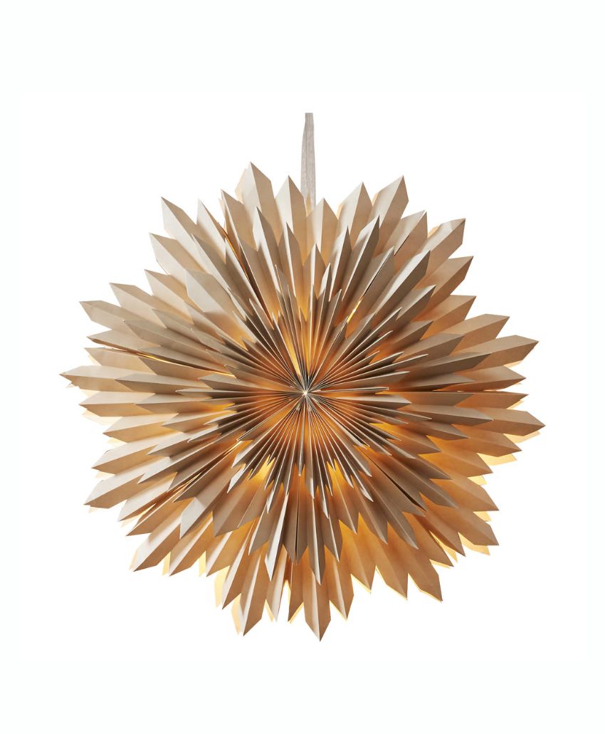 Gold starburst ornament with layered, pointed metallic petals radiating from the center, creating a three-dimensional, symmetrical, and decorative design against a white background.