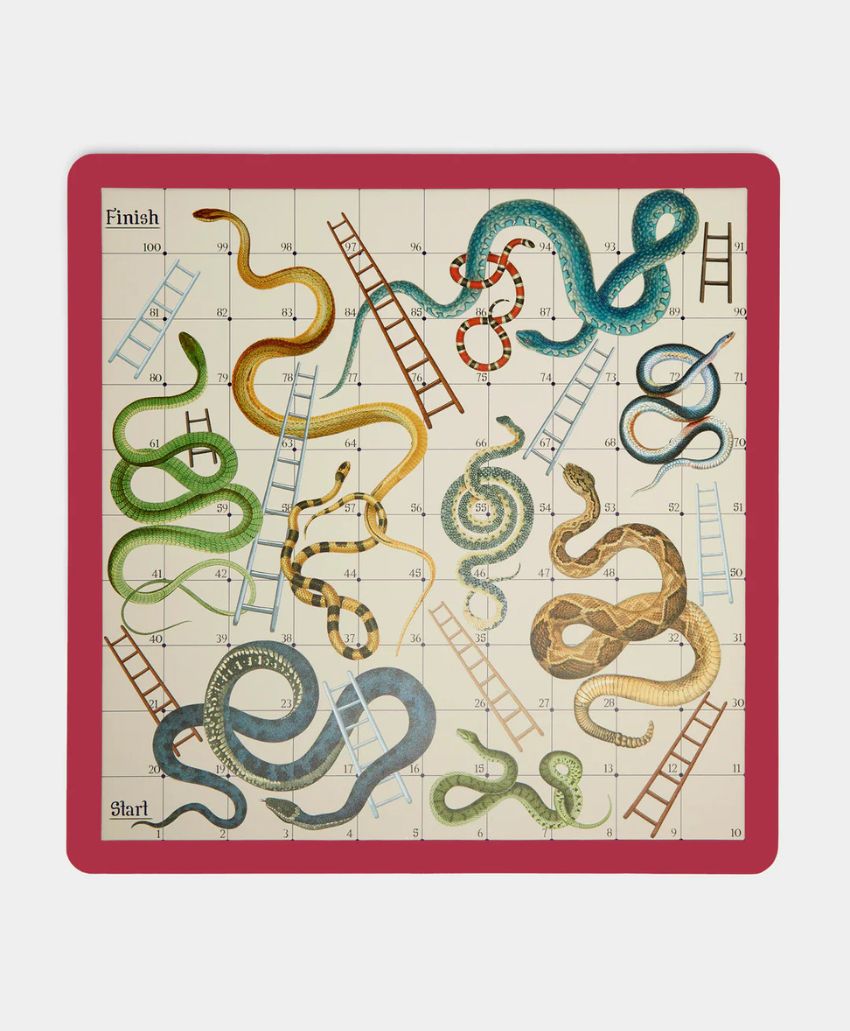 A colorful Snakes and Ladders game board with various winding snakes and straight ladders on a numbered grid, framed by a red border.