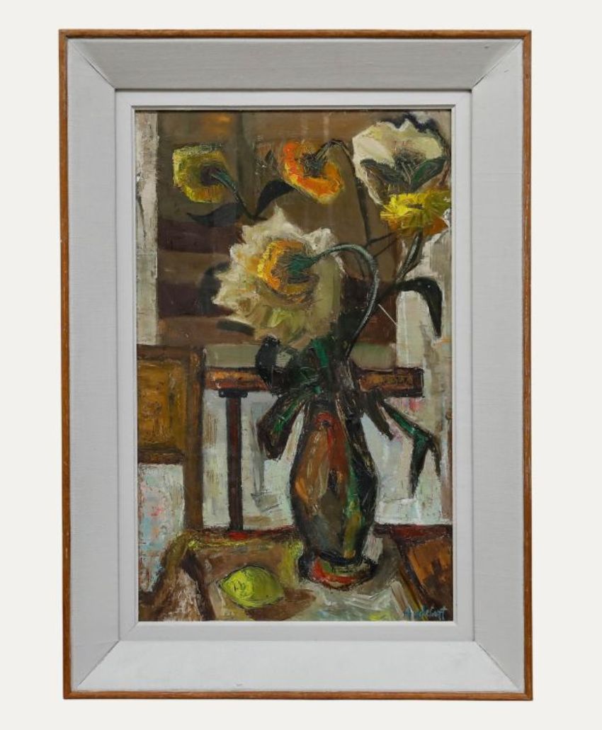 Framed painting of a vase with abstract, expressive white and yellow flowers, green stems, and a fruit on a table, set against a textured, colorful background.