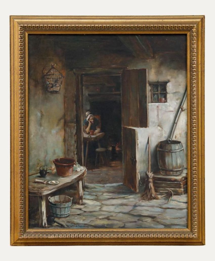 A framed painting shows a rustic interior with stone floor, wooden table, buckets, barrels, broom, and a caged bird. Through an open door, a woman sits at a spinning wheel in a dimly lit room.