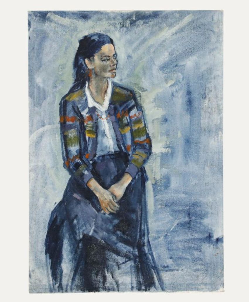 A painted portrait of a woman with dark hair sitting, wearing a striped jacket over a white blouse and dark skirt, set against a blue-toned, abstract background. The woman gazes to her left with a thoughtful expression.