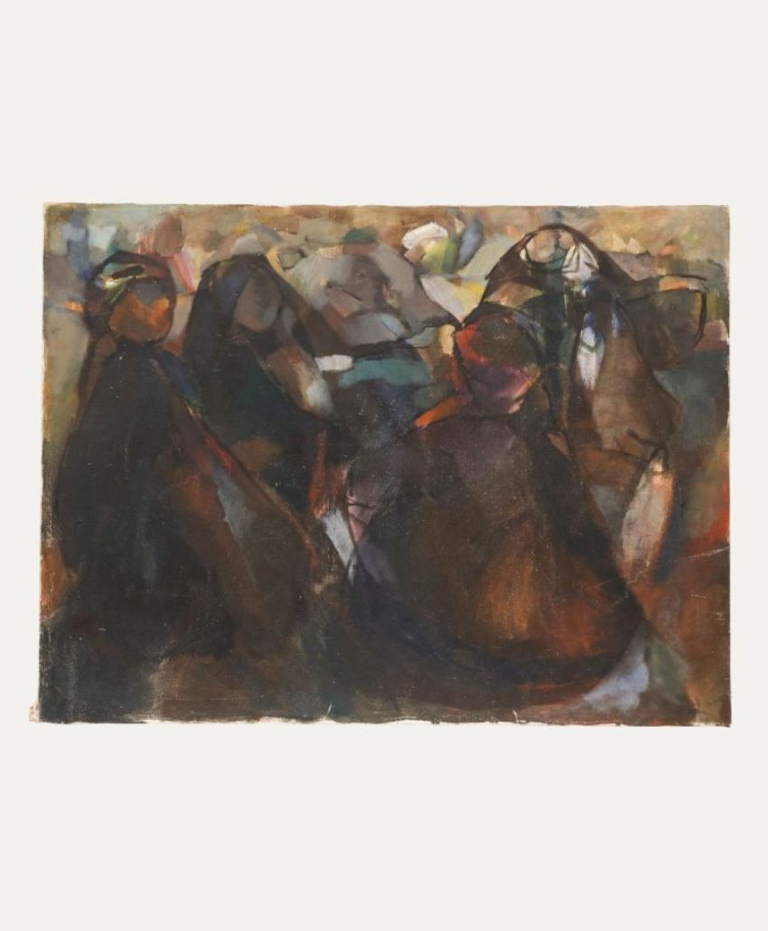 An abstract painting features dark, shadowy human figures gathered together, with blurred and muted tones of brown, black, and earthy colors blending in the background.