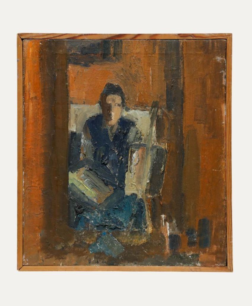 An impressionistic painting of a seated figure with dark hair, holding objects, possibly books or papers, against a warm brown and orange background with blurred, textured brushstrokes. The scene is framed with a wooden border.