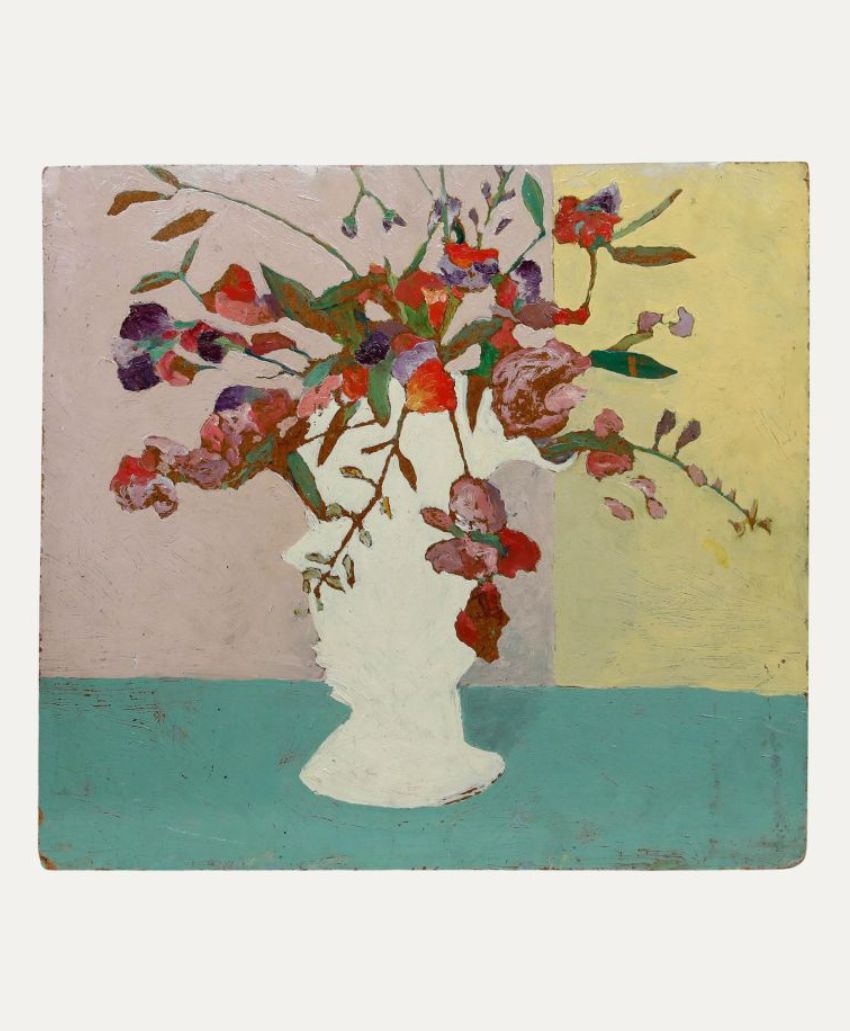 A painting of a white vase with flowers, where the vase is shaped like a human face in profile, set against a pastel background divided into three color blocks—lavender, yellow, and teal.