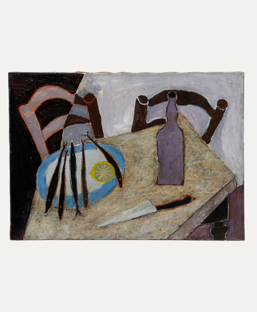 A painting depicts a table with a blue plate holding five fish and a lemon slice, a large knife beside it, an empty bottle, and two chairs in the background, all rendered in muted, earthy tones.