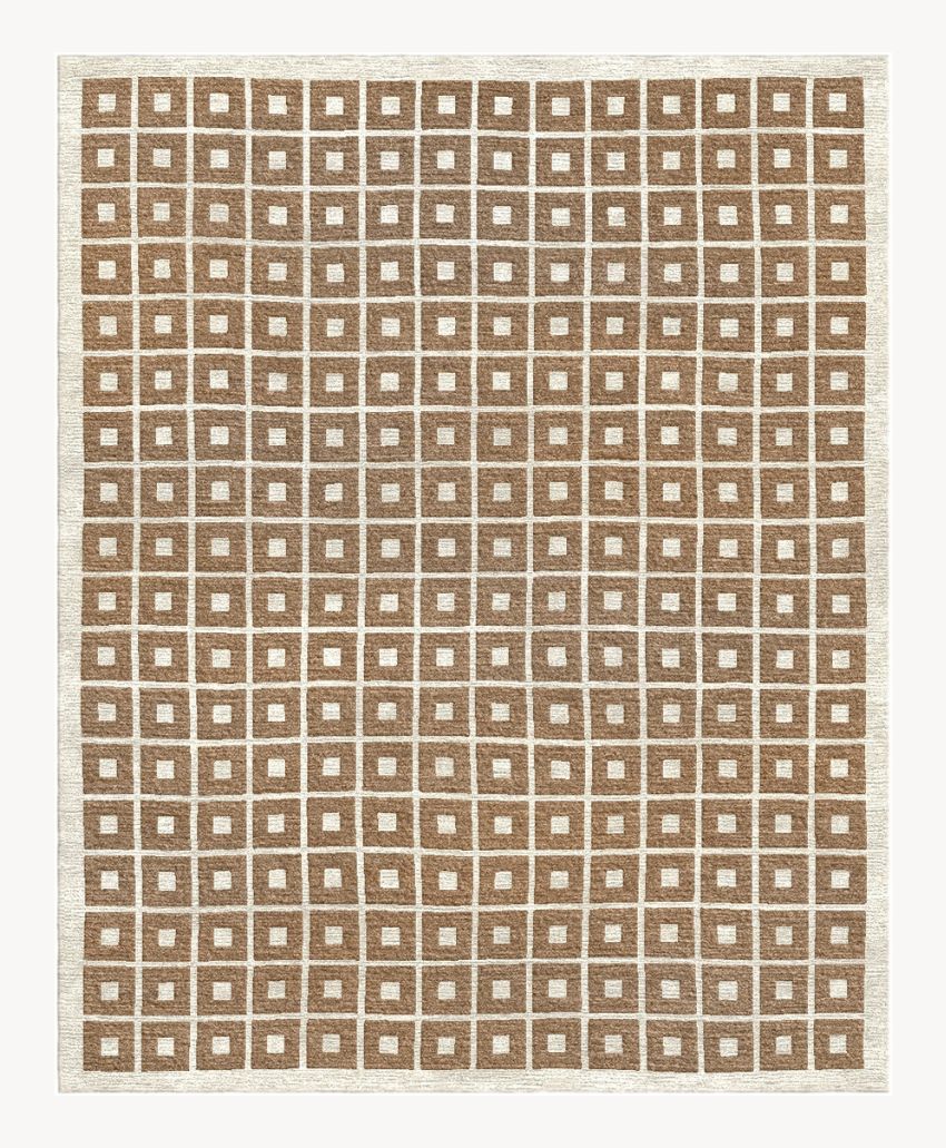 A rectangular rug with a grid pattern of small, uneven brown squares, each containing a white center, creates a geometric and slightly textured appearance. The background is off-white.
