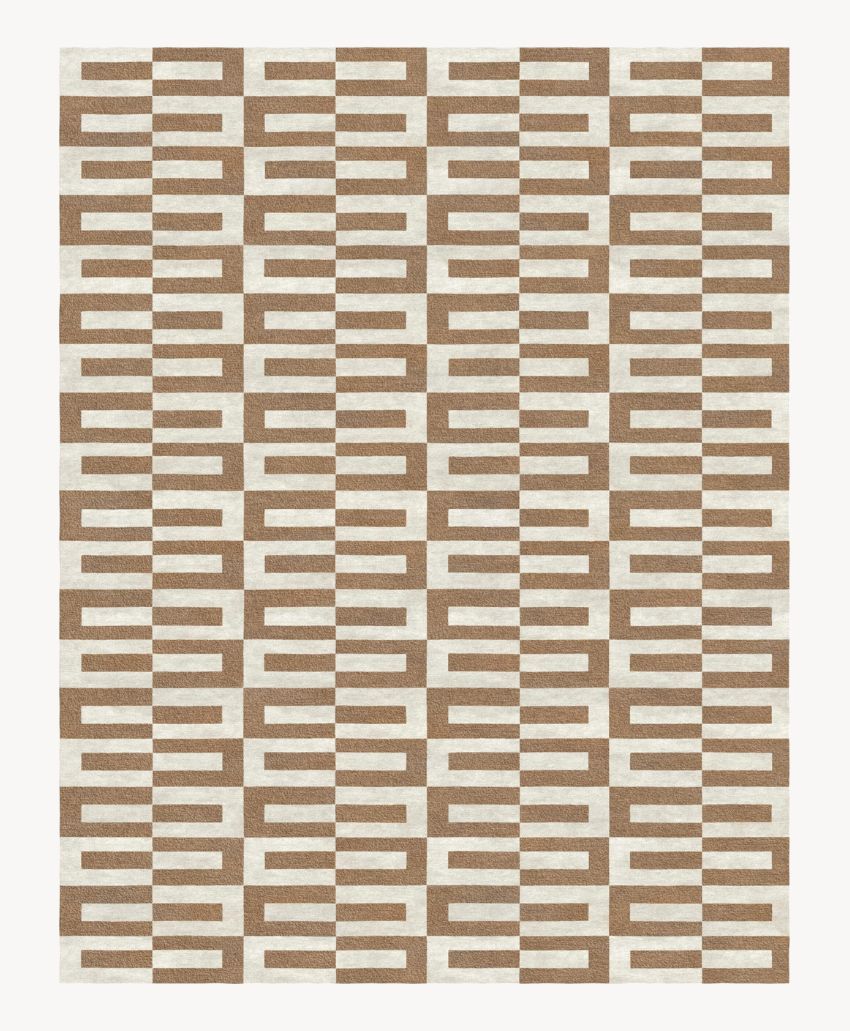 A geometric pattern featuring rows of alternating horizontal brown and white rectangular blocks on a light background, creating a brick-like, repetitive grid design.