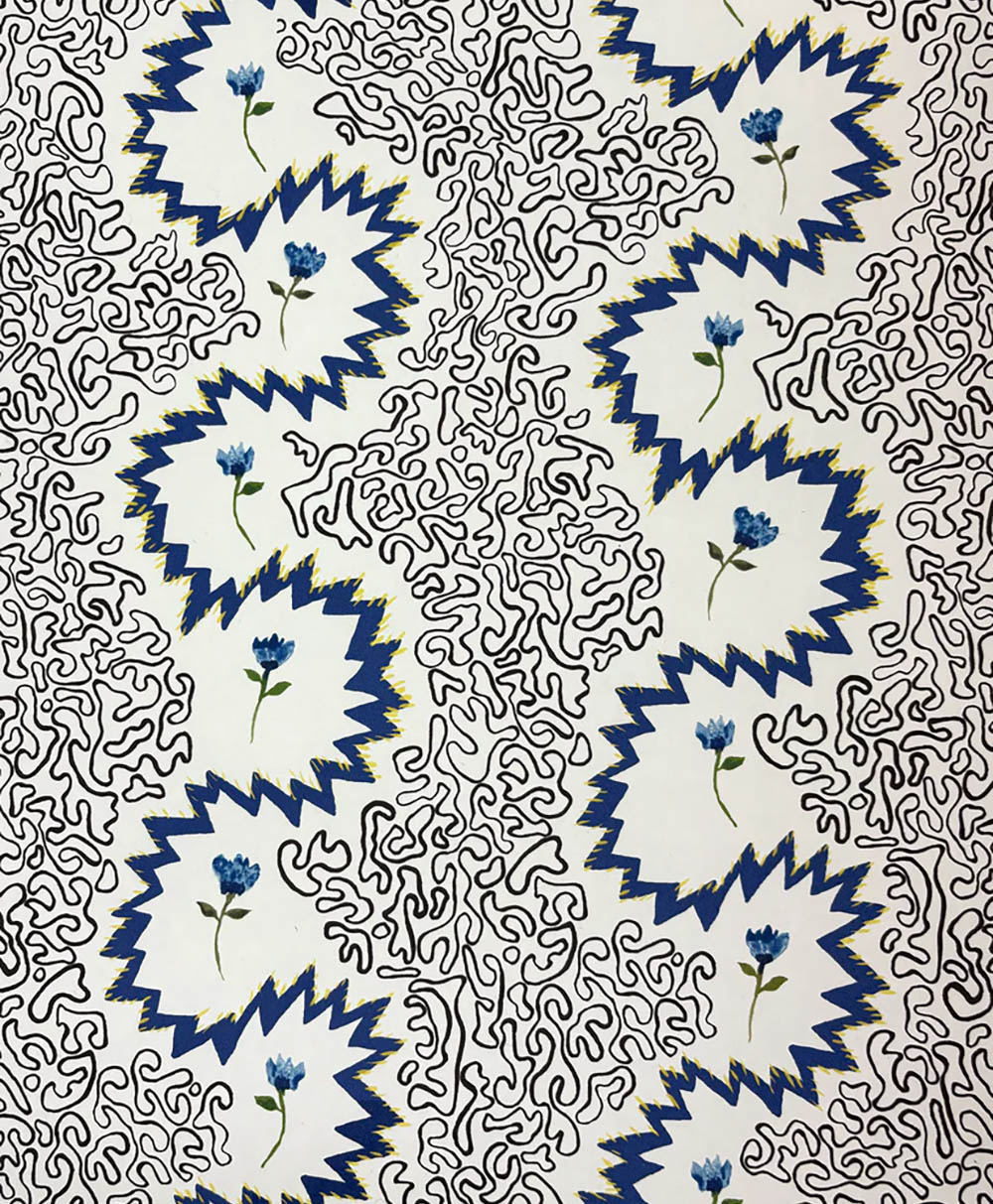 Abstract pattern with wavy black lines forming a maze-like design. Blue flowers on stems are arranged in zigzag stripes with jagged blue and yellow edges, alternating with the intricate black line pattern.