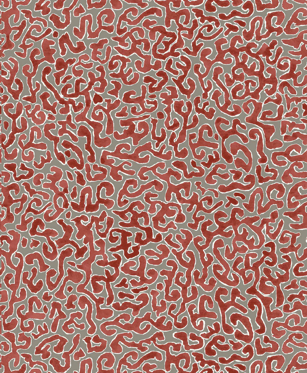 A dense, abstract pattern of winding, maze-like red lines outlined in white on a gray background, creating an intricate, organic, and chaotic visual effect.