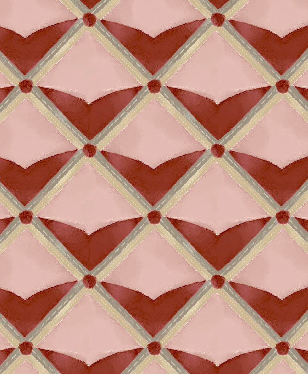 A repeating geometric pattern of red and pink diamond shapes bordered by beige lines, intersecting at circles where the lines meet, creating a quilted or tiled appearance.