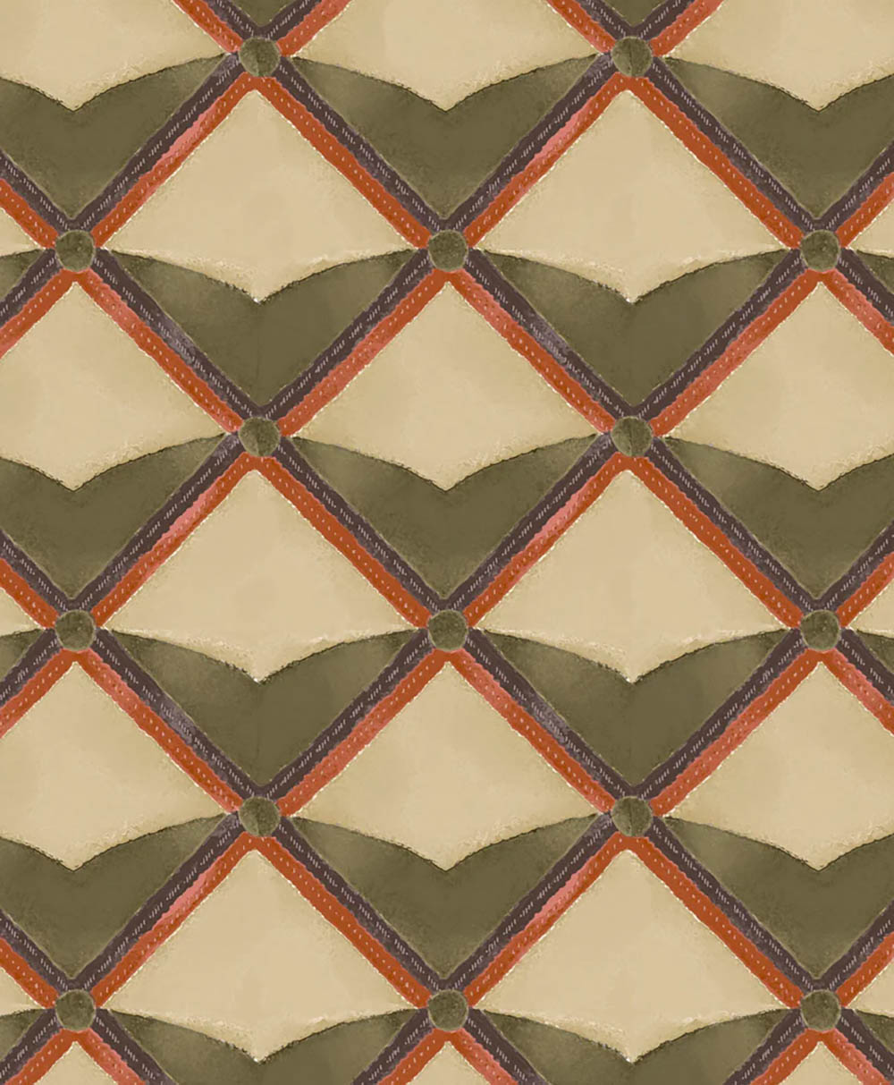A geometric pattern featuring diamond shapes with red and purple borders, olive green circles at intersections, and alternating beige and dark green chevron fills in each diamond. The design has a repeating, vintage style.