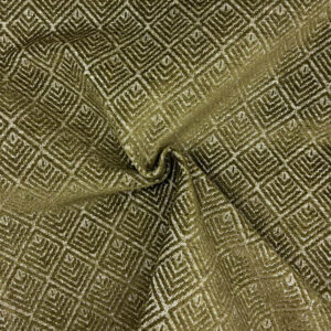 Olive green fabric with a textured diamond pattern, gathered slightly at the center to create a spiral fold. The geometric design features raised lines forming concentric squares within each diamond.