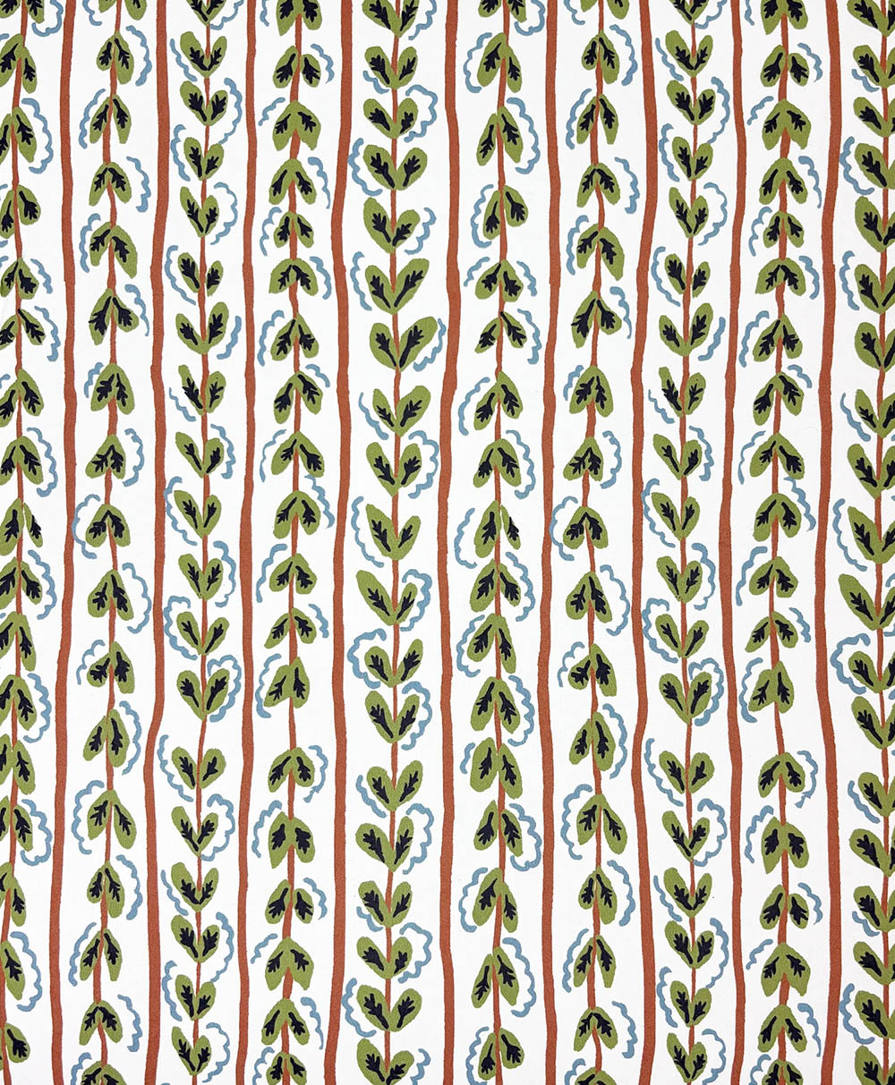 A repeating pattern of vertical vines with green leaves and blue accents, separated by wavy brown lines on a white background. The design is symmetrical and evenly spaced.