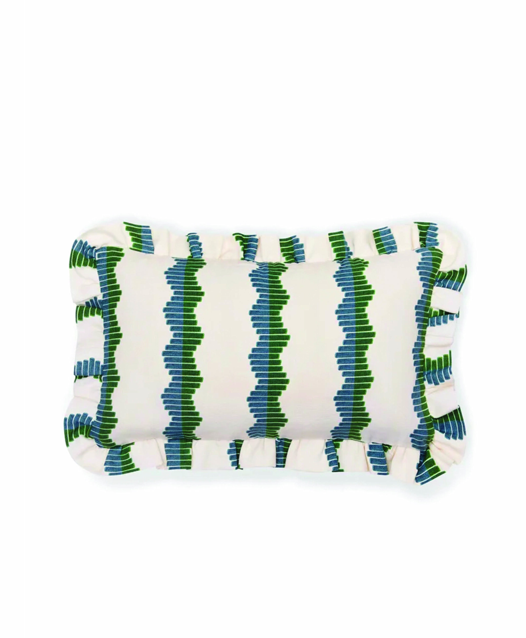 A rectangular pillow with a white background featuring blue and green vertical wavy stripes and a matching ruffled border.