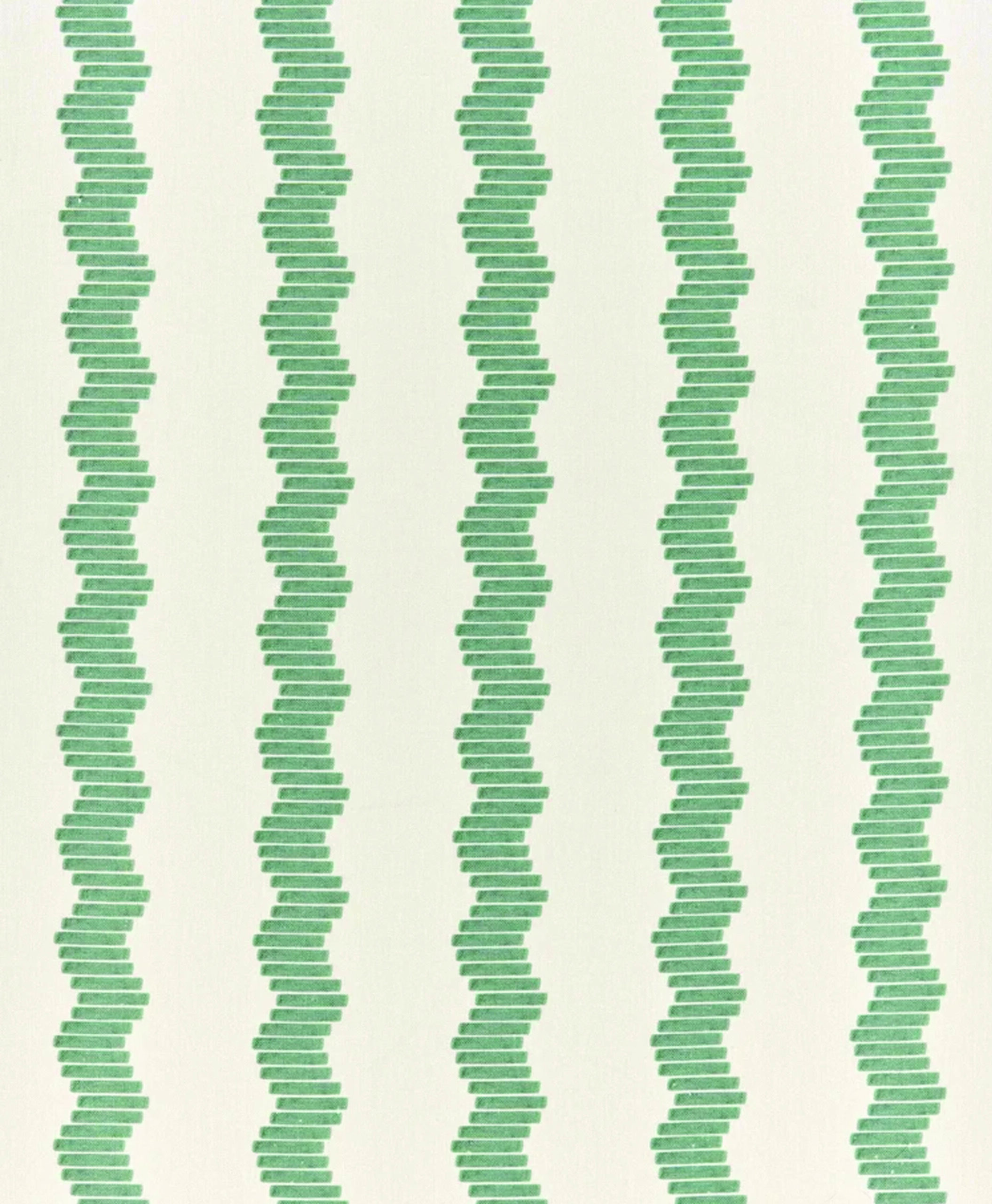 Green zigzag lines, composed of short horizontal bars, form vertical columns evenly spaced against an off-white background. The pattern repeats uniformly across the image.