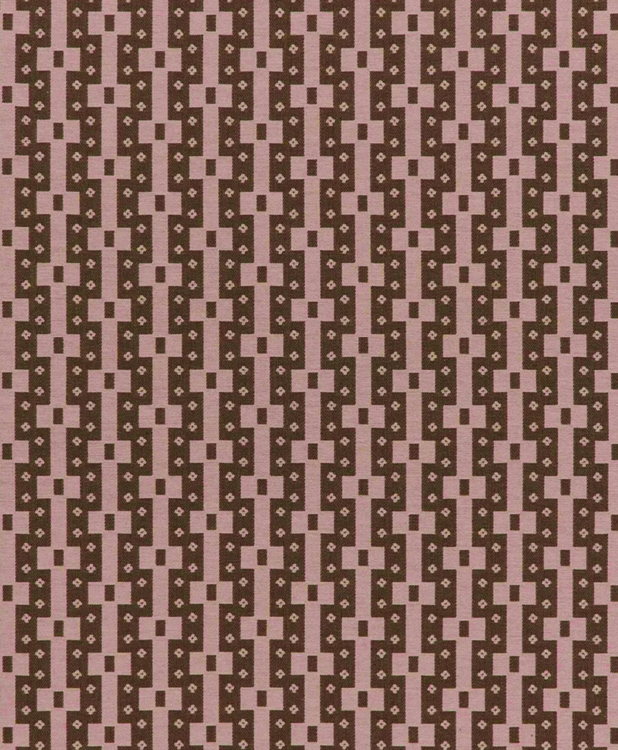 A repeating geometric pattern with interlocking pink and brown shapes, including squares and rectangles arranged in a grid, creating a visually striking and symmetrical design.