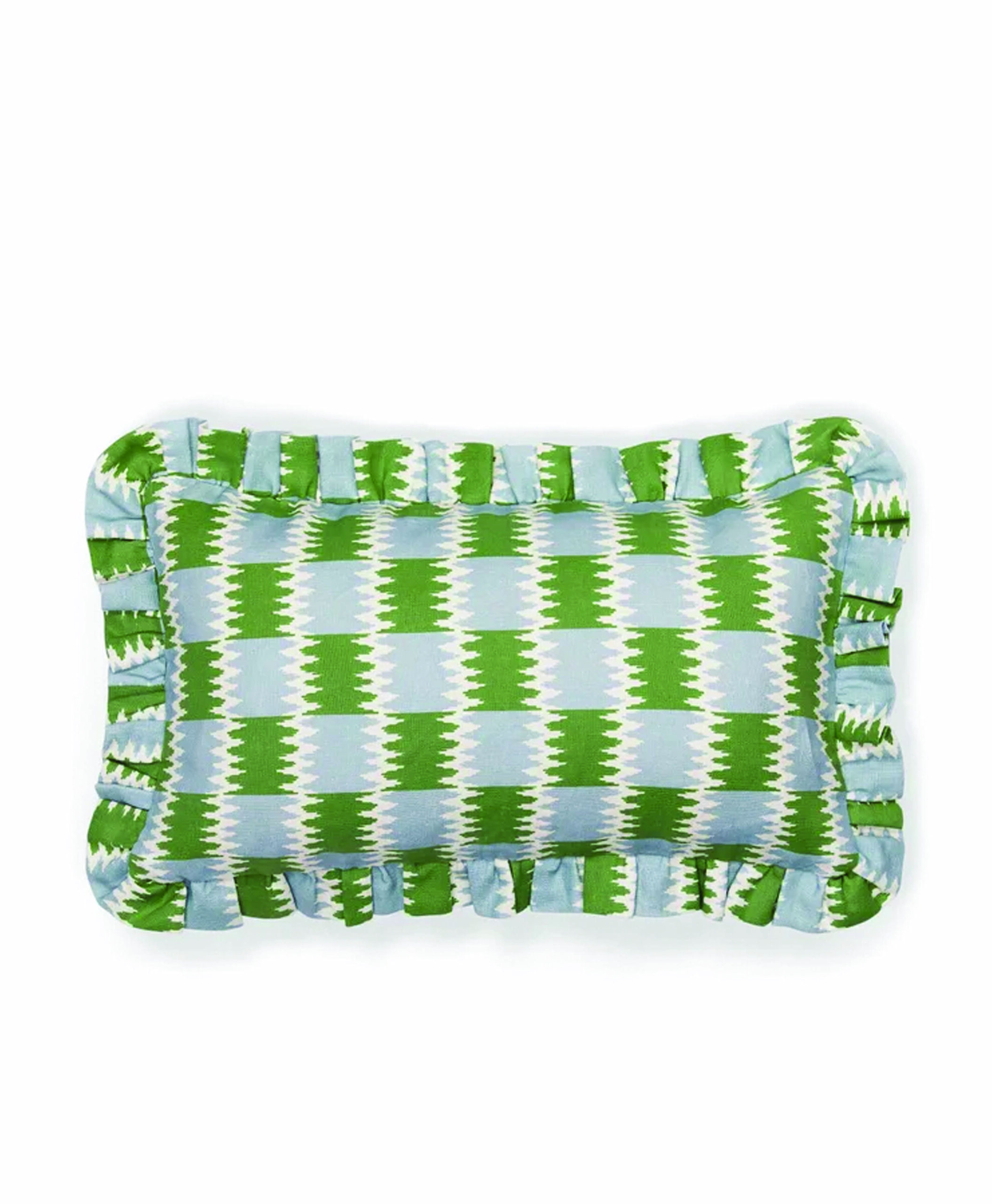 A rectangular pillow with a ruffled edge, featuring a green and light blue geometric checkered pattern on the front.