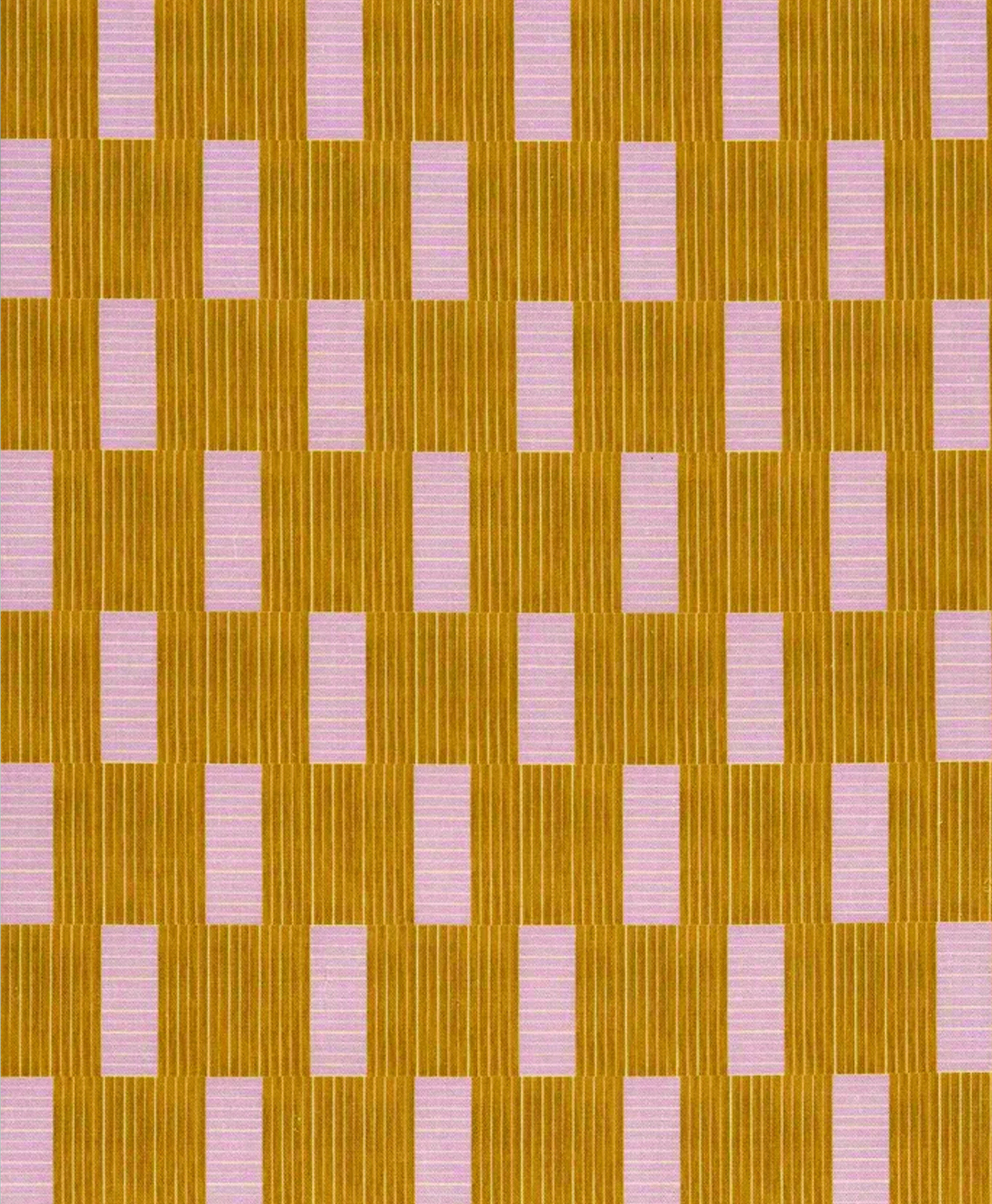A geometric pattern featuring alternating vertical stripes of mustard yellow and solid light pink rectangles arranged in a grid on a flat surface. The design creates a checkerboard effect with a retro feel.
