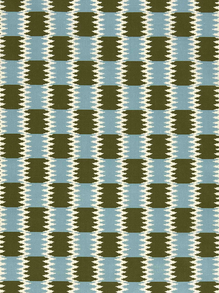 A repeating geometric pattern with alternating olive green and light blue squares, separated by zigzag white lines, creating a plaid-like grid design.
