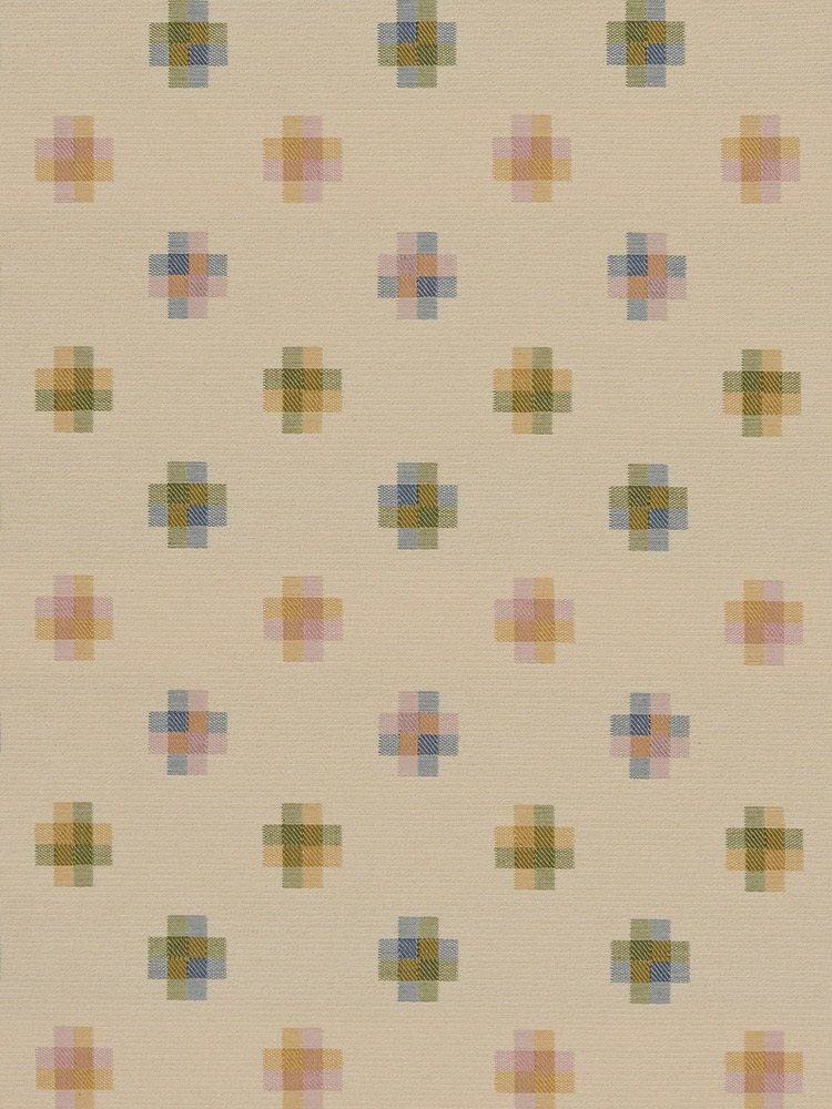 A beige fabric with a repeating pattern of small, multi-colored cross shapes in green, blue, yellow, and pink, evenly spaced in rows and columns.