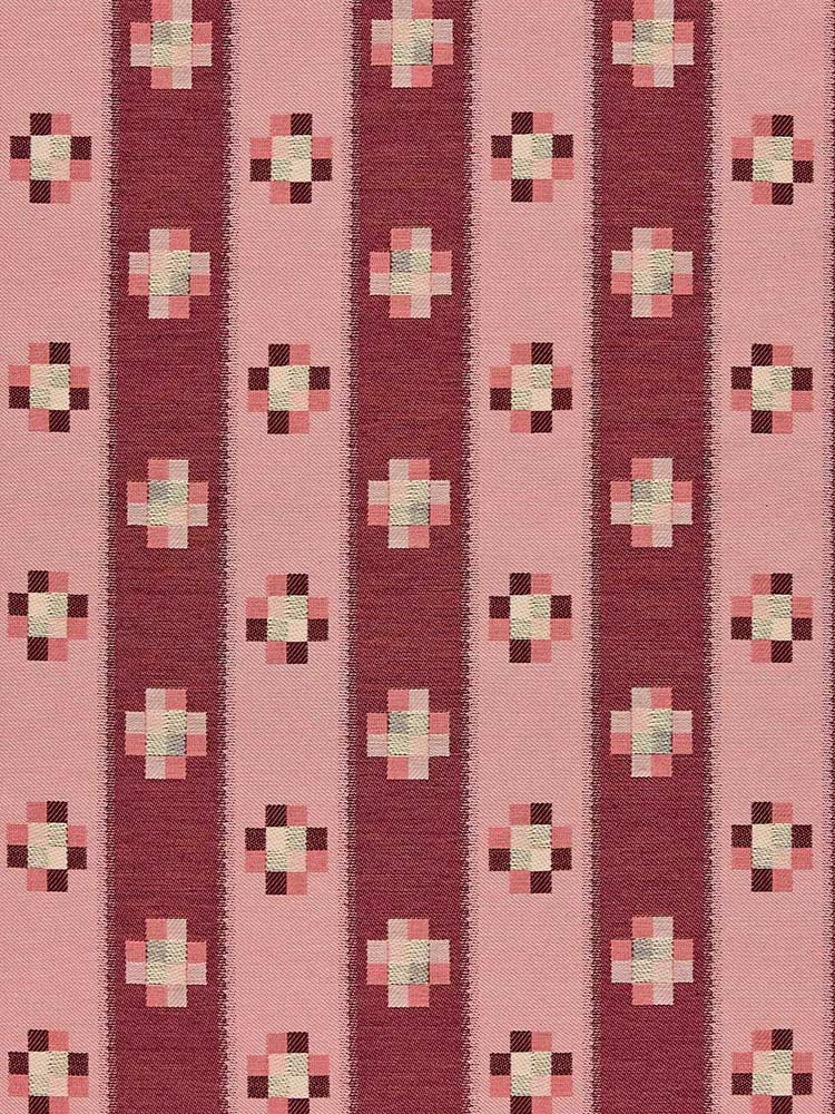 A patterned fabric featuring alternating vertical maroon and pink stripes, decorated with evenly spaced geometric cross shapes in cream, pink, and maroon tones. The design creates a symmetrical, repetitive motif.