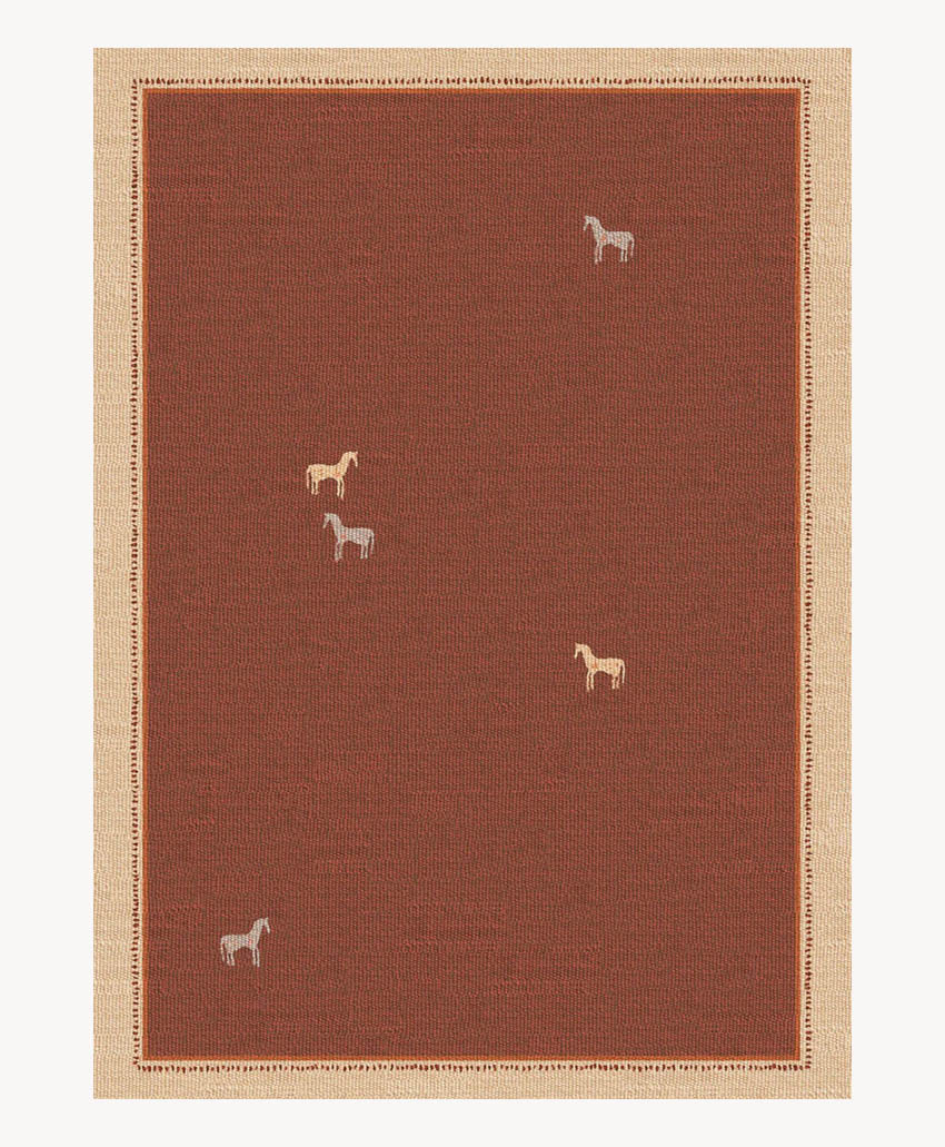 A brown rectangular rug with a beige border, featuring five small, simple horse silhouettes scattered across the center in light tan and gray colors.
