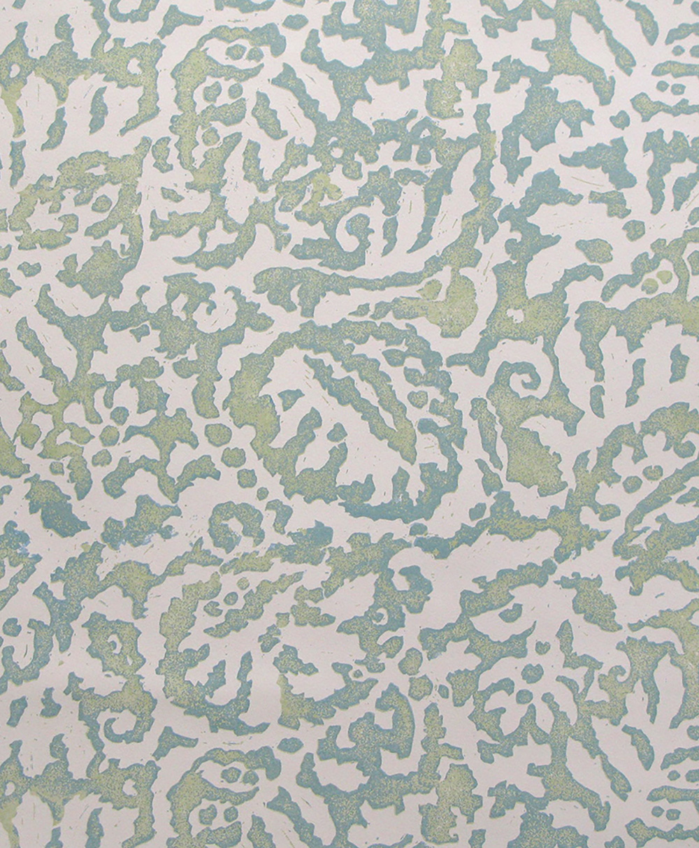 Pale green and blue abstract pattern with swirling, organic shapes on a white background, resembling a decorative or vintage-style wallpaper design.