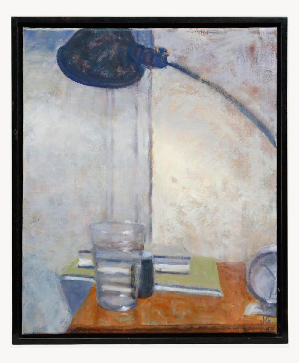 A painting of a desk with a glass of water, a book, a mug, and a clock, all under the light of a large, curved desk lamp. The background features soft, muted colors and a textured wall.