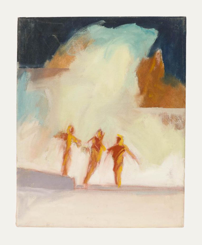 Three abstract, warm-toned human figures hold hands and run together in front of an expressive, blurred background of white, blue, and brown brushstrokes. The scene suggests movement and energy.