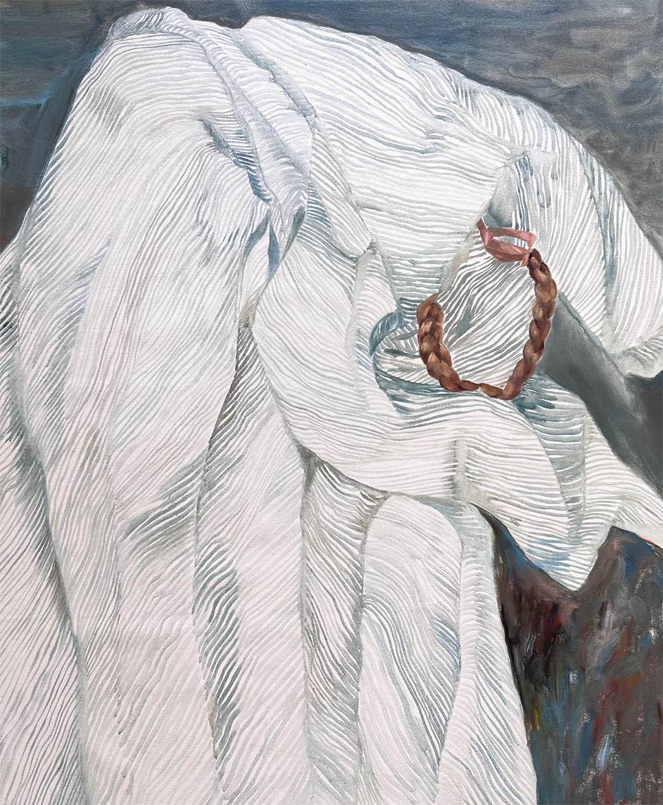 A figure draped in textured white fabric bends forward, with a brown braided ponytail tied with a pink ribbon visible against the cloth. The background is gray and muted in tone.