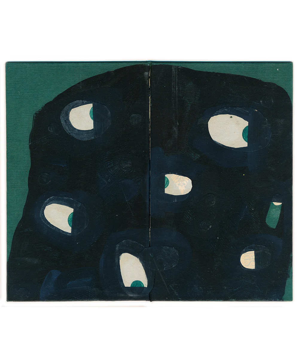 Abstract artwork featuring a dark blue, rounded shape with multiple eye-like white and green oval forms scattered across it, set against a green background. The image appears to span across two pages.