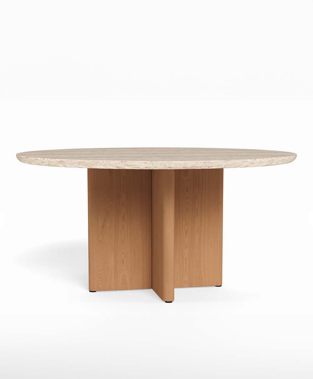 A round table with a light-colored marble top and a sturdy wooden base formed by two intersecting rectangular panels. The background is plain white.