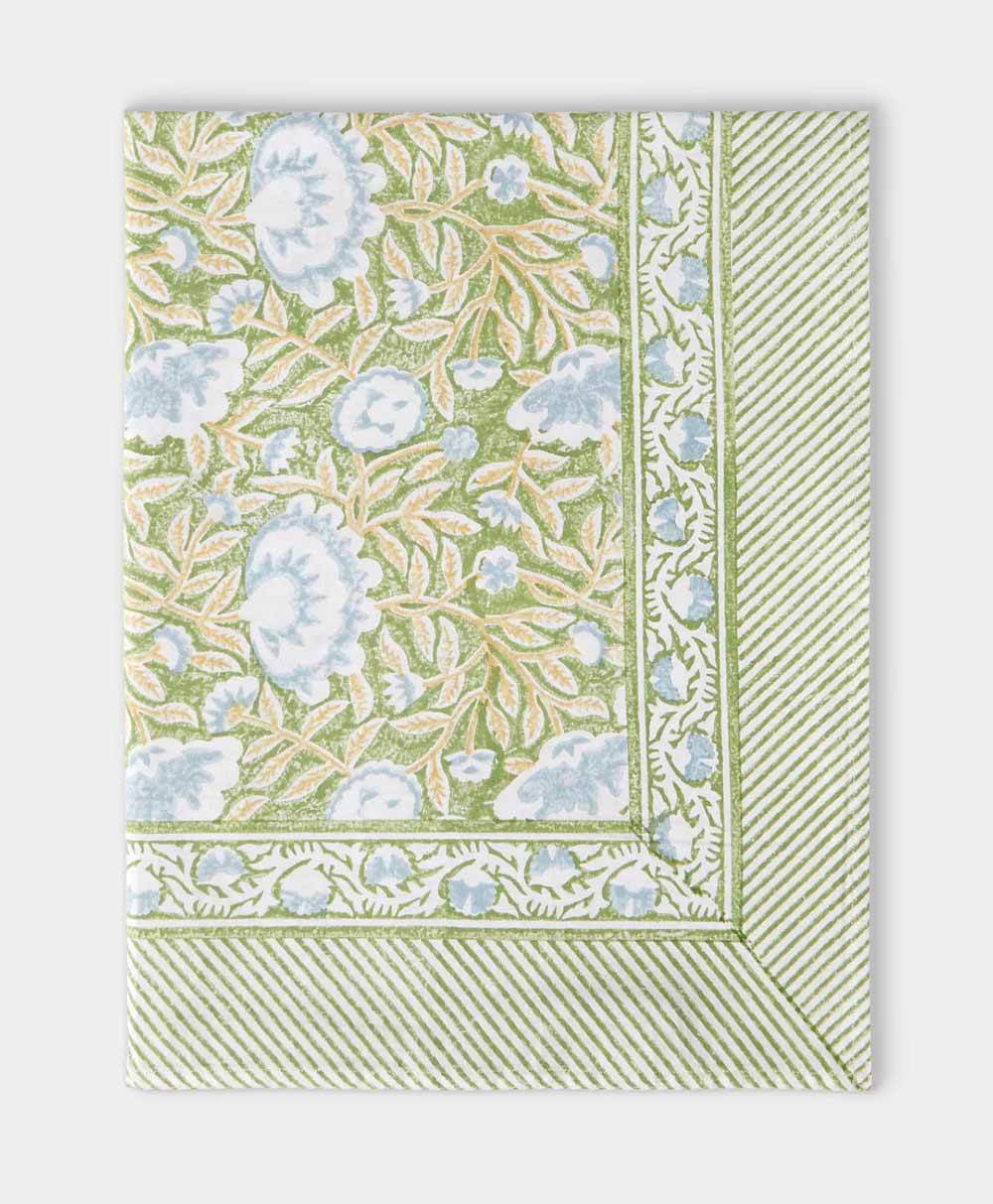 A rectangular fabric with a floral pattern in green, blue, and beige on one half, and green diagonal stripes with a floral border on the other half, creating a decorative design.