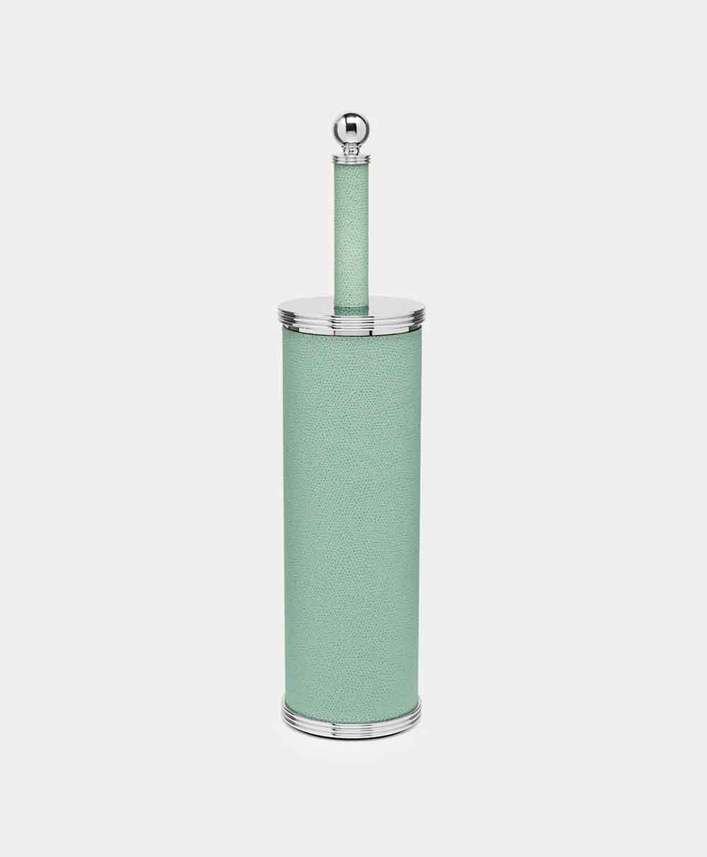 A stylish, cylindrical toilet brush holder in mint green with silver accents and a round silver handle on the top, displayed against a plain light background.