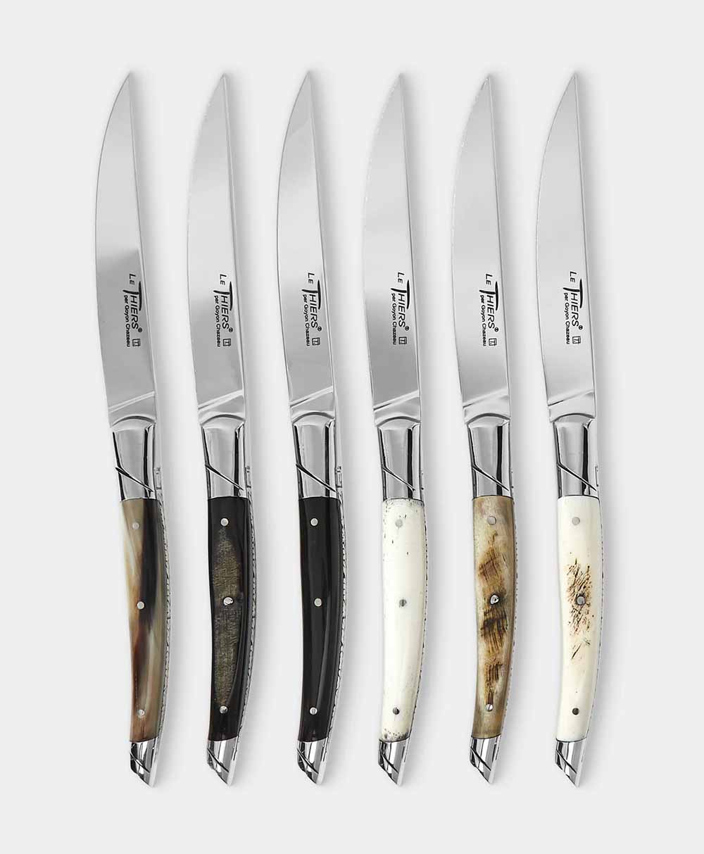 Six steak knives with polished metal blades and assorted handle designs in shades of brown, black, and ivory, arranged vertically side by side on a light background.