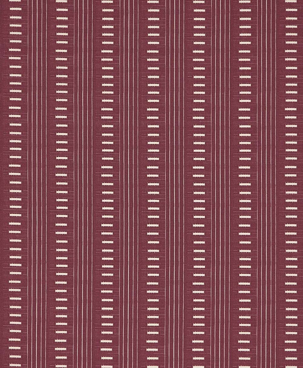 A maroon fabric with evenly spaced vertical white lines and small, horizontal off-white dashes arranged in columns, creating a repeating geometric pattern.
