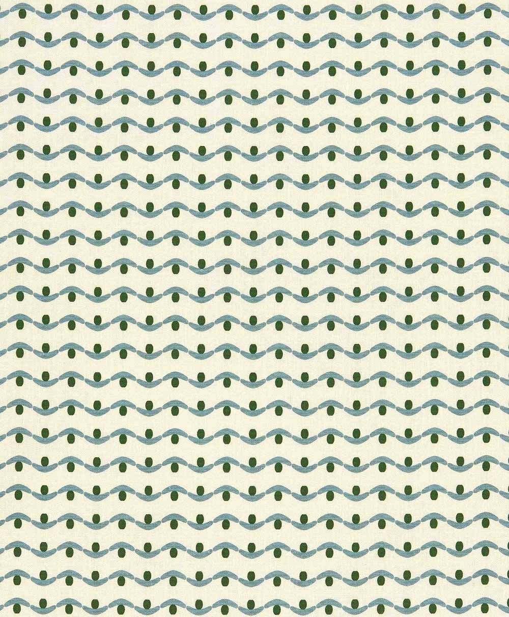A repeating pattern of green dots aligned with wavy blue lines on a cream-colored background, creating an evenly spaced, geometric, and rhythmic design.
