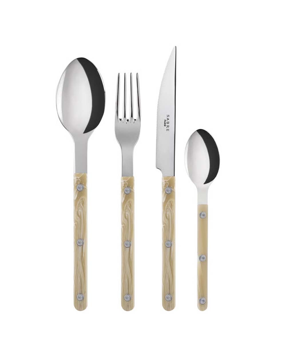 A set of four utensils with light beige, wood-textured handles: a tablespoon, a fork, a steak knife, and a teaspoon, arranged side by side on a white background.