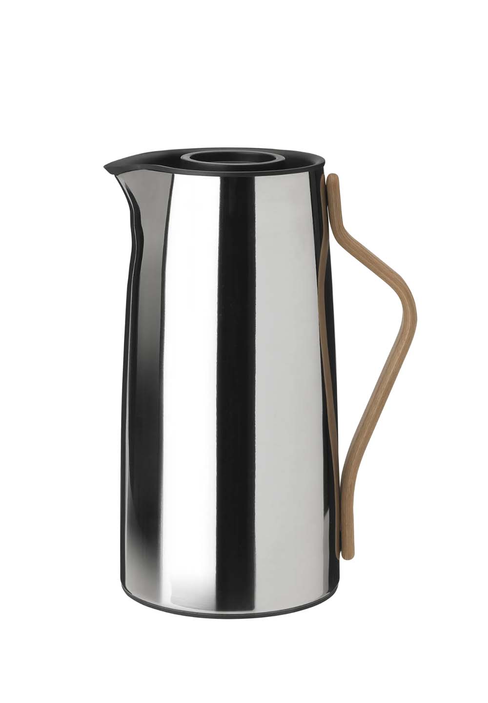 A stainless steel thermal carafe with a glossy finish, a black lid, and a uniquely curved wooden handle attached to the side.