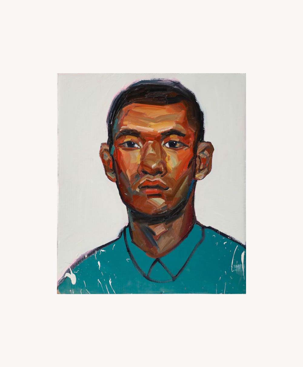 A colorful, expressive painting of a young man with short hair, wearing a teal collared shirt, set against a plain white background. The portrait uses bold brushstrokes and warm tones for the face.