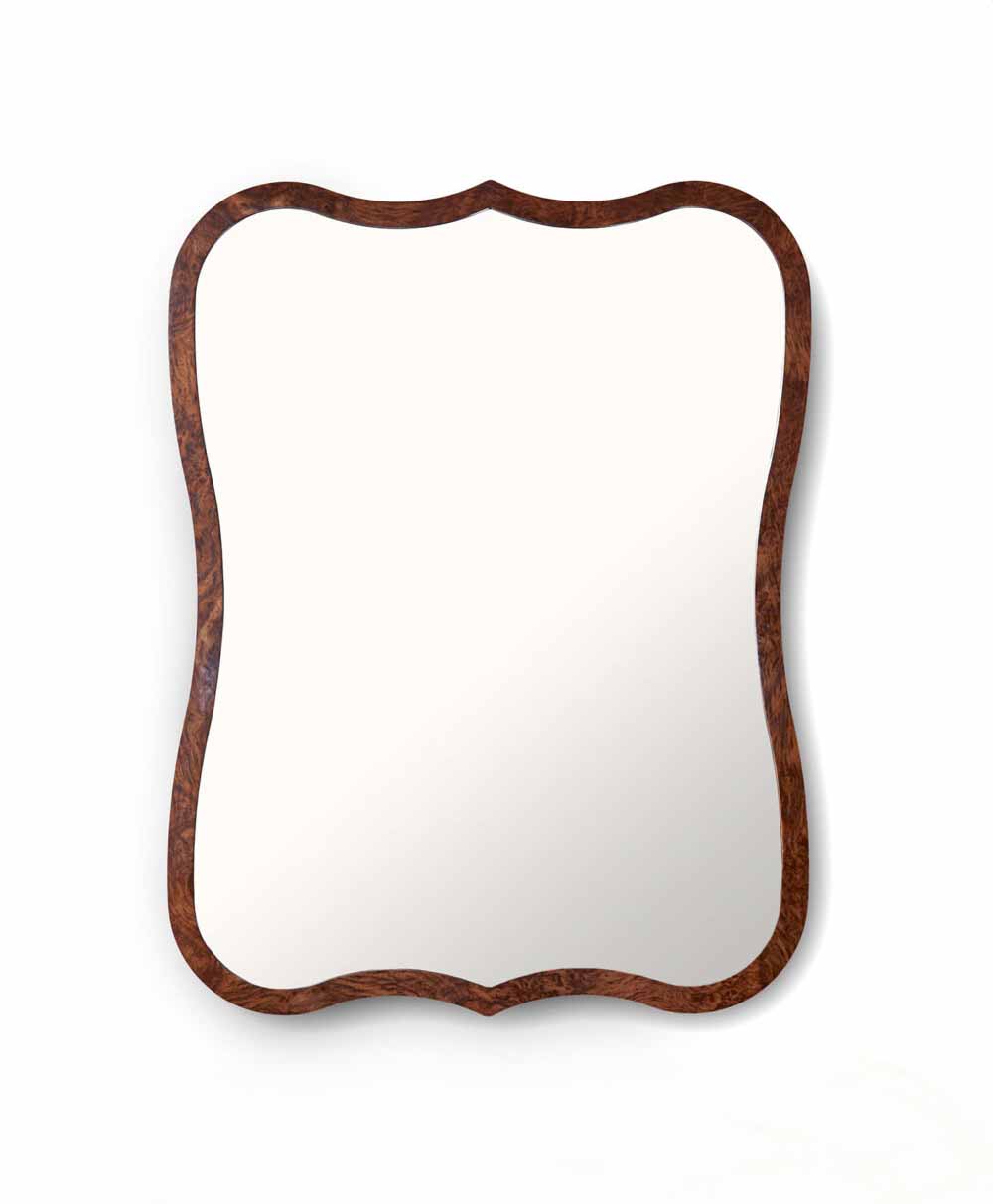 A rectangular mirror with a wavy, ornate wooden frame, set against a white background.