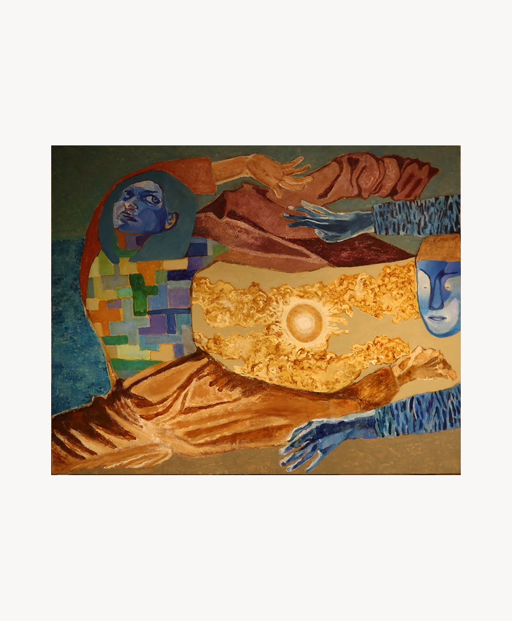 Abstract painting with blue-faced figures, outstretched arms, and geometric patterns. A glowing sun-like shape radiates gold in the center, surrounded by flowing lines and warm earth tones. The overall style is surreal and expressive.