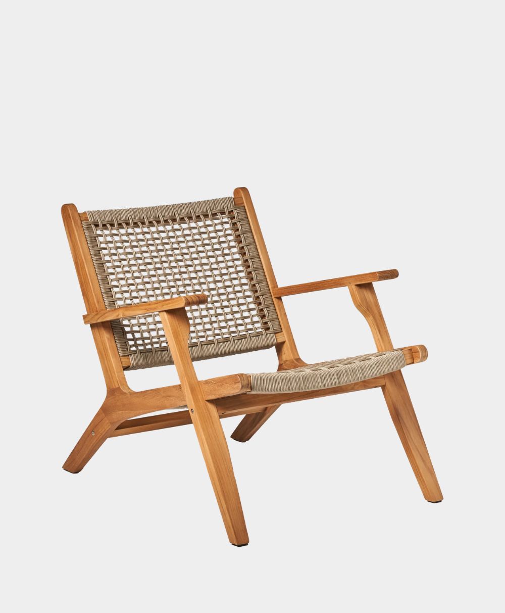 A wooden lounge chair with angled legs, wide armrests, and a woven rope seat and backrest, displayed against a plain white background.