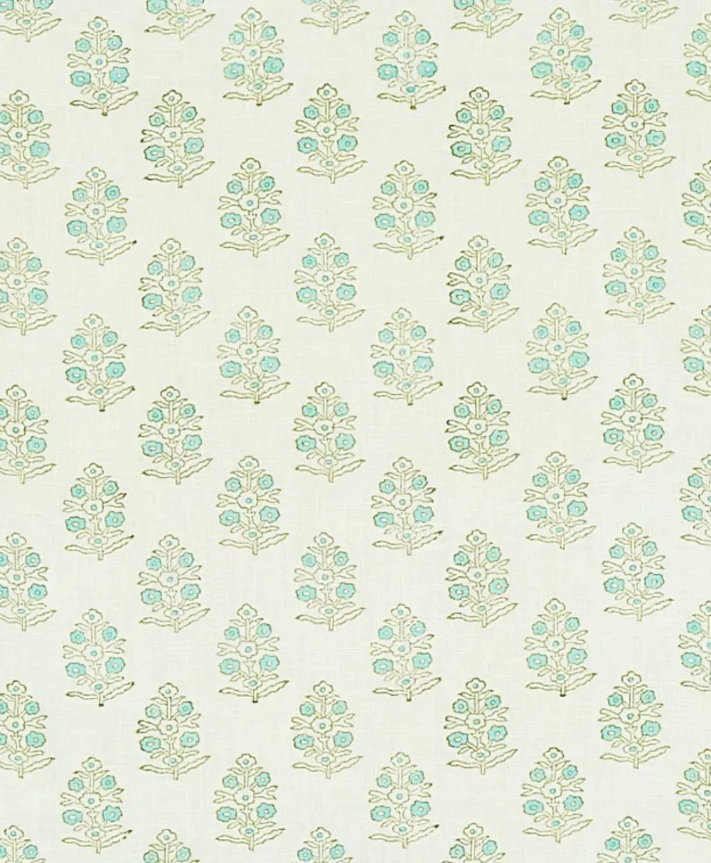 A repeating pattern of stylized teal and green floral motifs on a light beige background, arranged in evenly spaced vertical and horizontal rows.