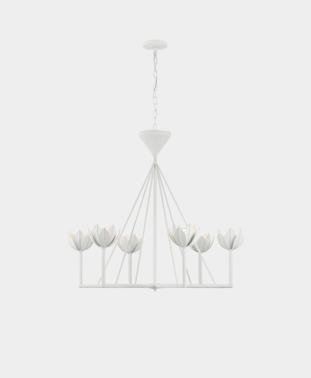 A modern white chandelier with eight upward-facing, tulip-shaped light fixtures arranged in a circle, suspended by rods and a chain from the ceiling.