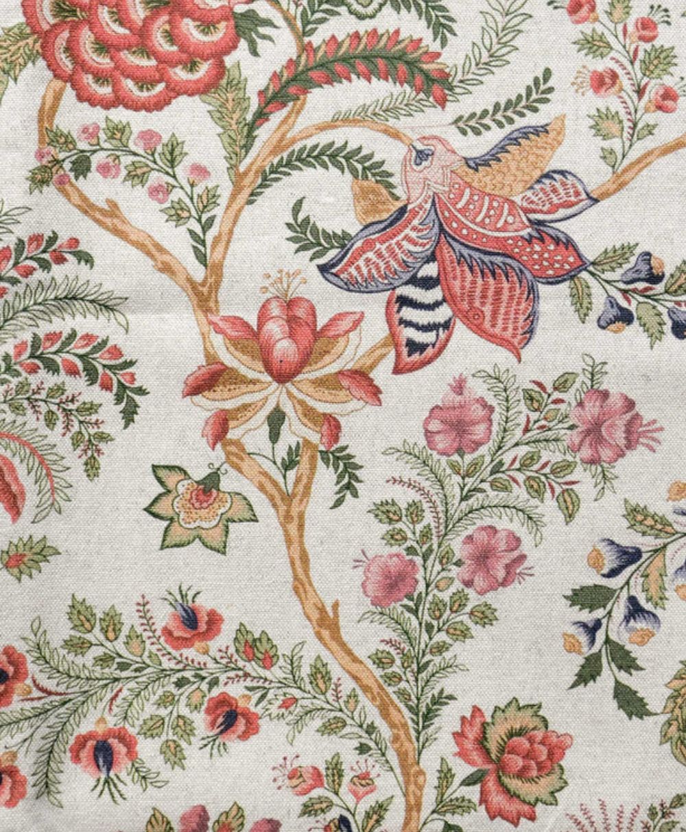 A detailed textile pattern with colorful, intricate floral and foliage designs in red, green, yellow, and pink tones, featuring stylized flowers, leaves, and branches on a light background.
