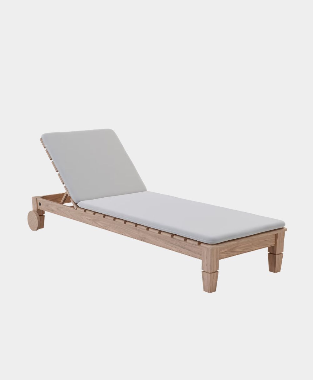 A wooden outdoor chaise lounge chair with a light gray cushioned seat and adjustable backrest, shown against a plain white background.
