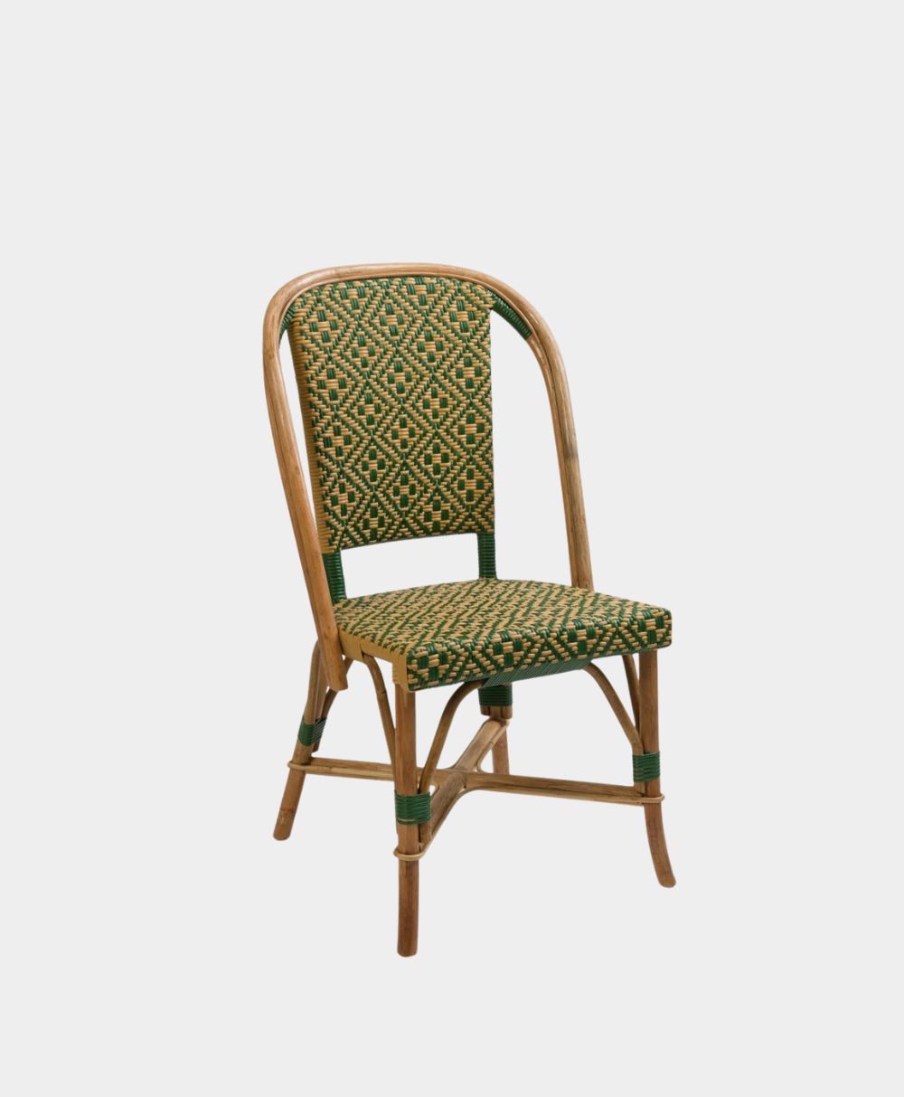 A wooden chair with a curved backrest and legs, featuring a green and yellow diamond-patterned woven seat and back, set against a plain white background.