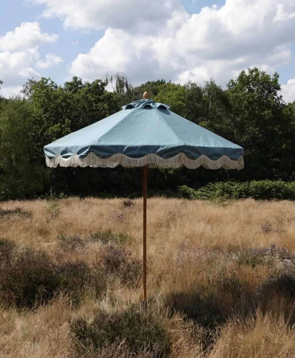 A blue patio umbrella with white fringe stands in a dry grassy field surrounded by bushes and trees under a partly cloudy sky.